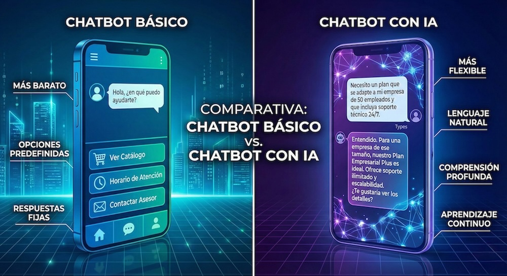Comparación chatbot básico vs chatbot con inteligencia artificial - características y diferencias