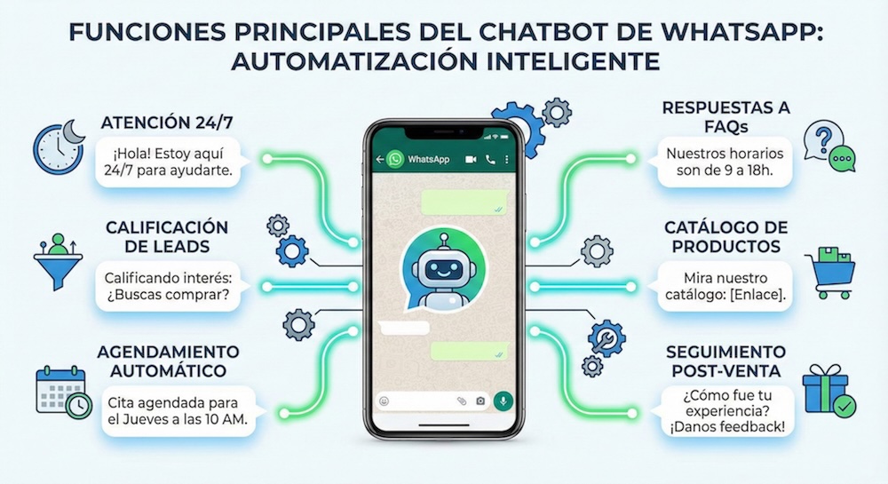 Funcionalidades de un chatbot de WhatsApp - atención automática, agendamiento y calificación de leads