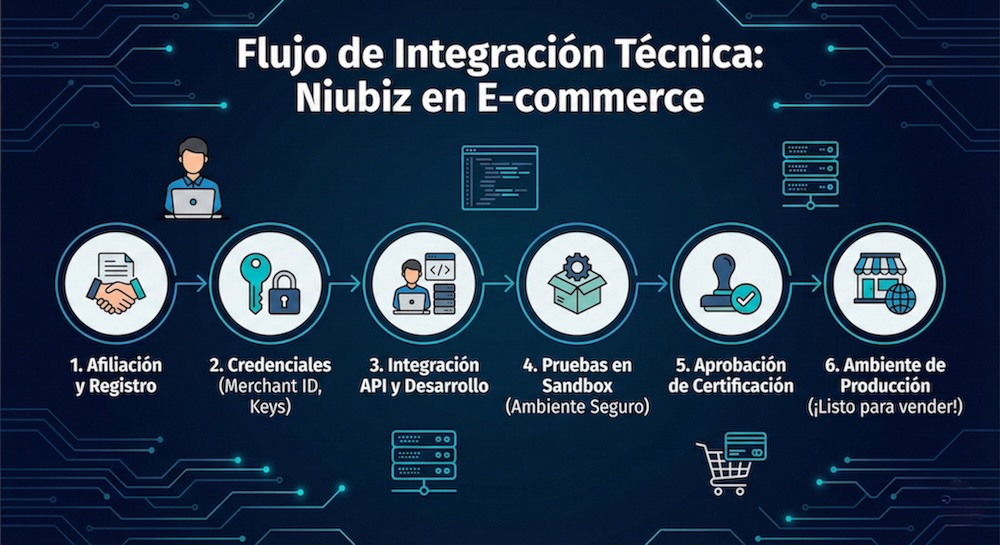 Flujo de integración de Niubiz en e-commerce - proceso paso a paso desde afiliación hasta producción con API